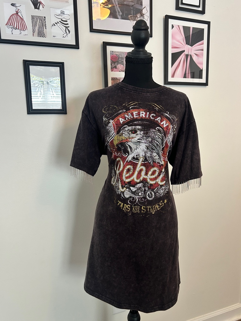 Black Graphic Mini Dress with Eagle Print